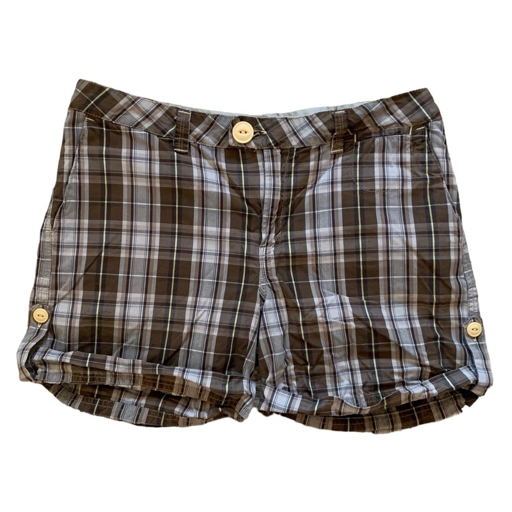 Levi’s size 10 brown plaid shorts rolled hem tan buttons low waisted academia